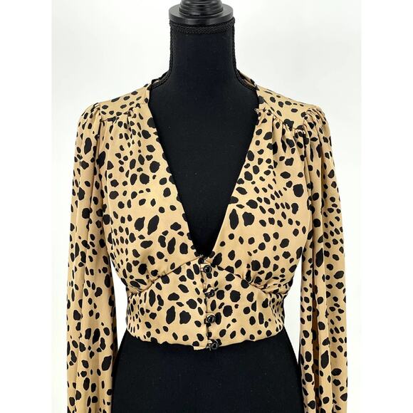 Windsor Cheetah Animal Print Crop Top Blouse S Puff Sleeve Elastic Wrist - Picture 5 of 12
